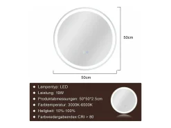 NETTLIFE Espejo de baño con luz LED - Redondo 50 cm LED, mural, interruptor táctil, antineblina, IP44, ajustable 3000K-6500K