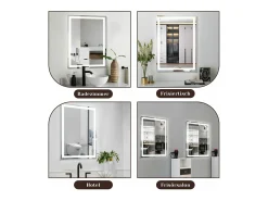 NETTLIFE Espejo de baño con luz LED - 50x70 cm LED, mural, IP44, interruptor táctil, reloj, antineblina, ajustable