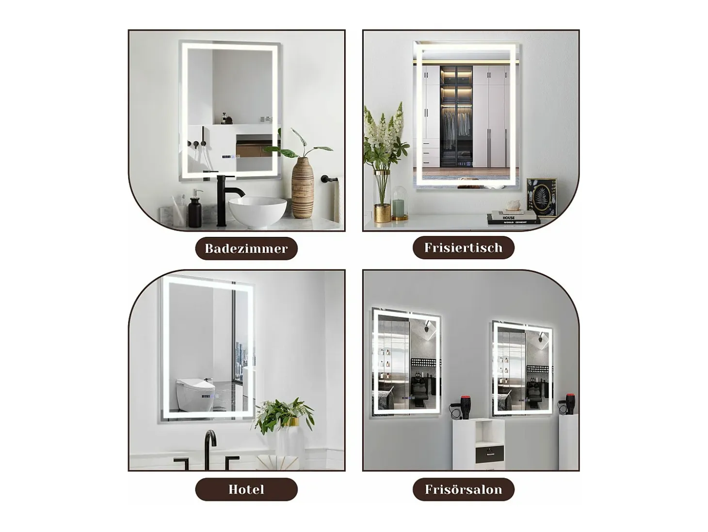 NETTLIFE Espejo de baño con luz LED - 50x70 cm LED, mural, IP44, interruptor táctil, reloj, antineblina, ajustable
