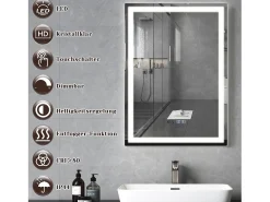 NETTLIFE Espejo de baño con luz LED - 50x70 cm LED, mural, IP44, interruptor táctil, reloj, antineblina, ajustable