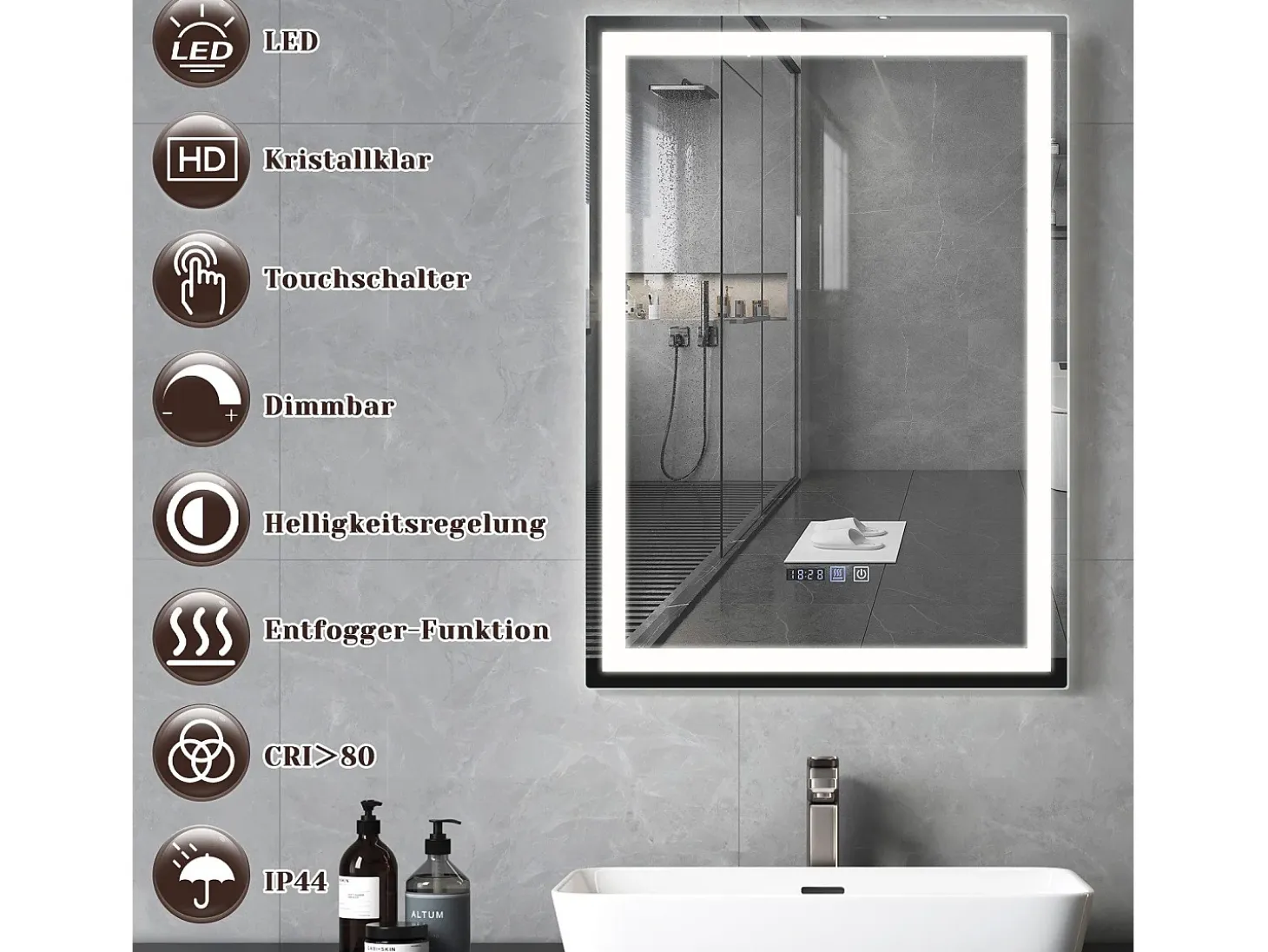 NETTLIFE Espejo de baño con luz LED - 50x70 cm LED, mural, IP44, interruptor táctil, reloj, antineblina, ajustable