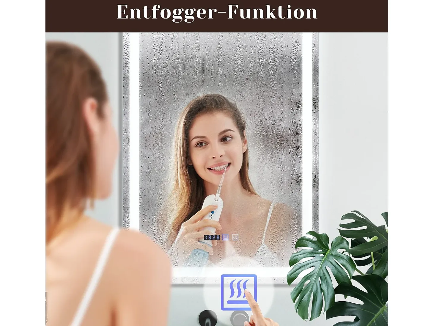 NETTLIFE Espejo de baño con luz LED - 50x70 cm LED, mural, IP44, interruptor táctil, reloj, antineblina, ajustable