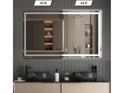 NETTLIFE Espejo de baño con luz LED - 100x60 cm LED, IP44, interruptor táctil, reloj antineblina, ajustable