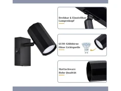 NETTLIFE Foco de pared 1 llama negra - Lámpara de pared con interruptor metálico GU10 Lámpara de pasillo orientable 350° MAX. 40W