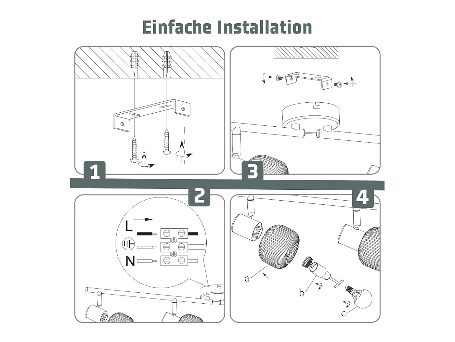 NETTLIFE Foco de techo blanco E14 Lámpara de techo 4 bombillas Pantalla de cristal interior Foco ajustable