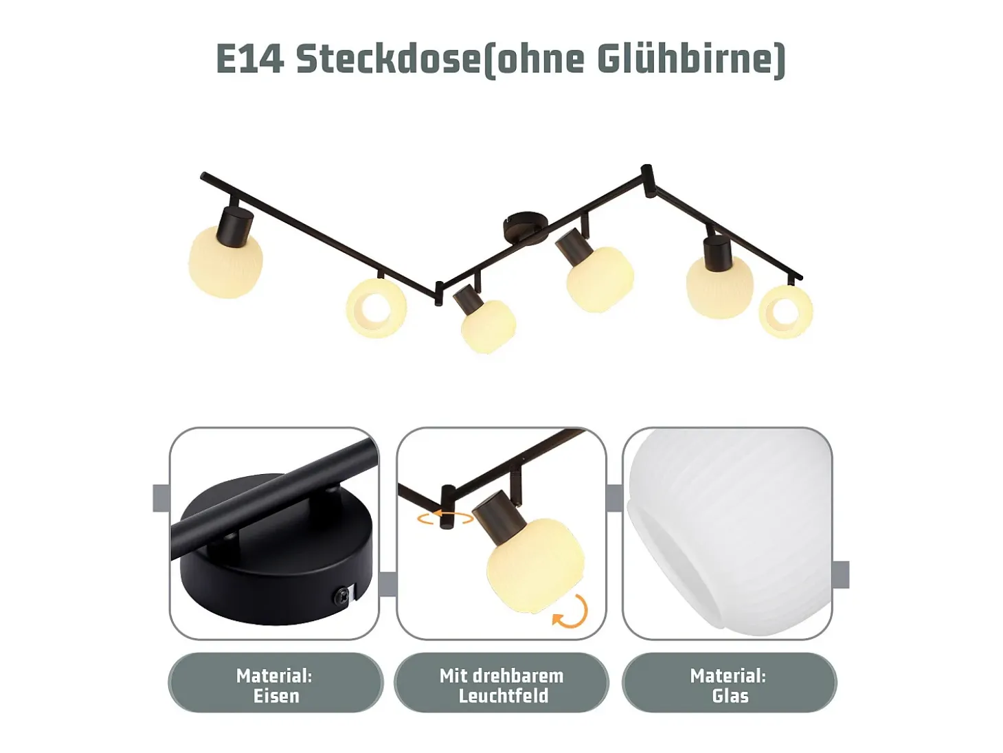 NETTLIFE Foco de techo blanco E14, 6 llamas, lámpara de techo interior, pantalla de cristal, foco orientable