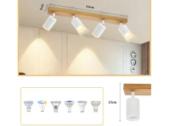 NETTLIFE Foco de techo de 4 llamas madera blanca GU10 Foco de pared orientable 350° Vintage