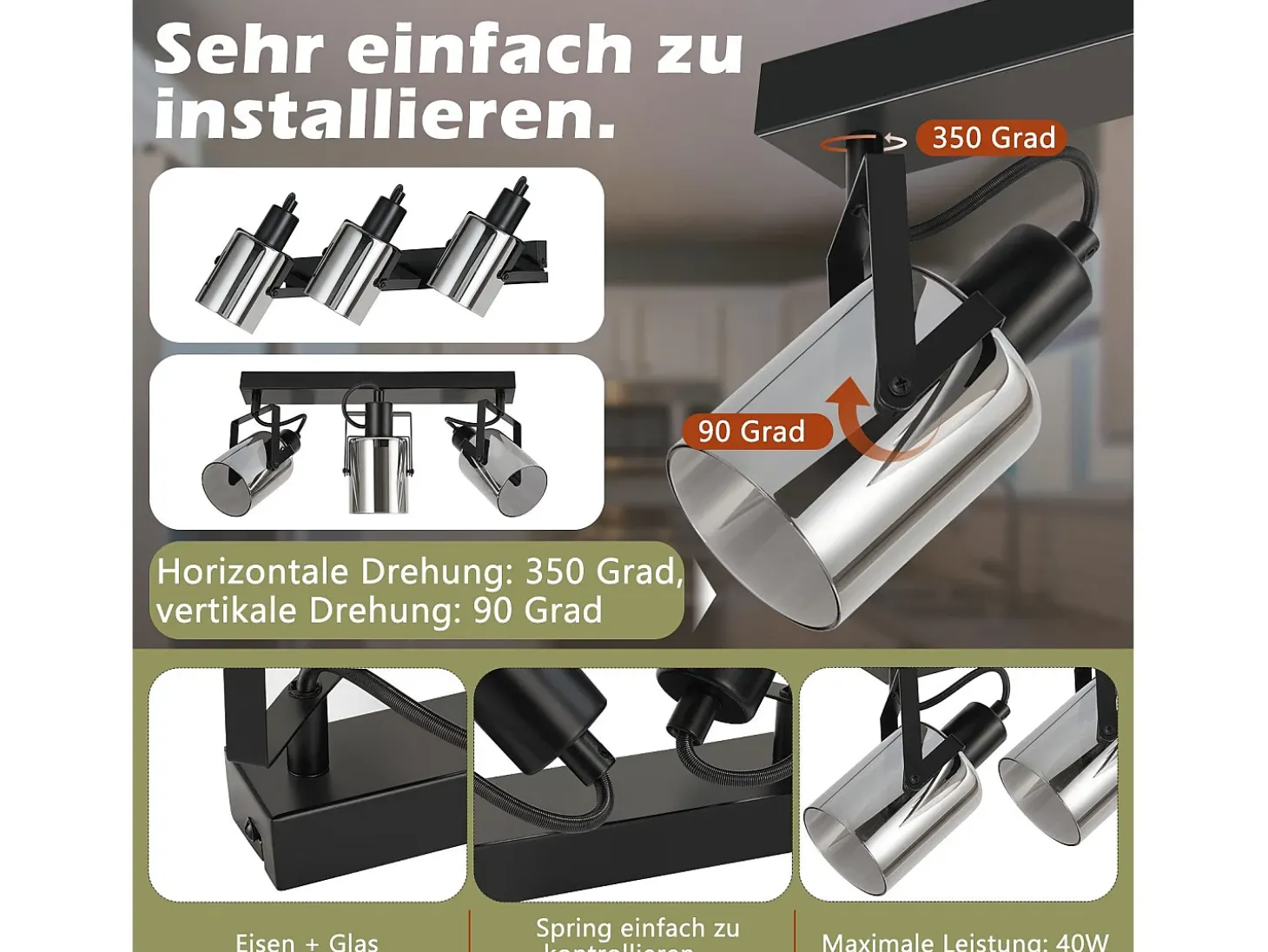 NETTLIFE Foco de techo. Focos de techo negros, 3 bombillas orientables 350° E14, focos de vidrio.