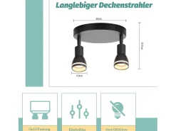 NETTLIFE Foco de techo LED de 2 bombillas, negro, para salón, foco de techo orientable, GU10, lámpara de foco moderna