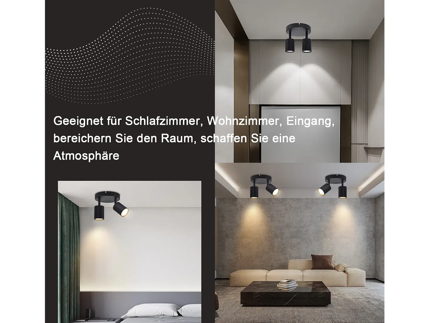 NETTLIFE Foco de techo LED con 2 lámparas, negro, GU10, orientables 330° redondos y modernos.