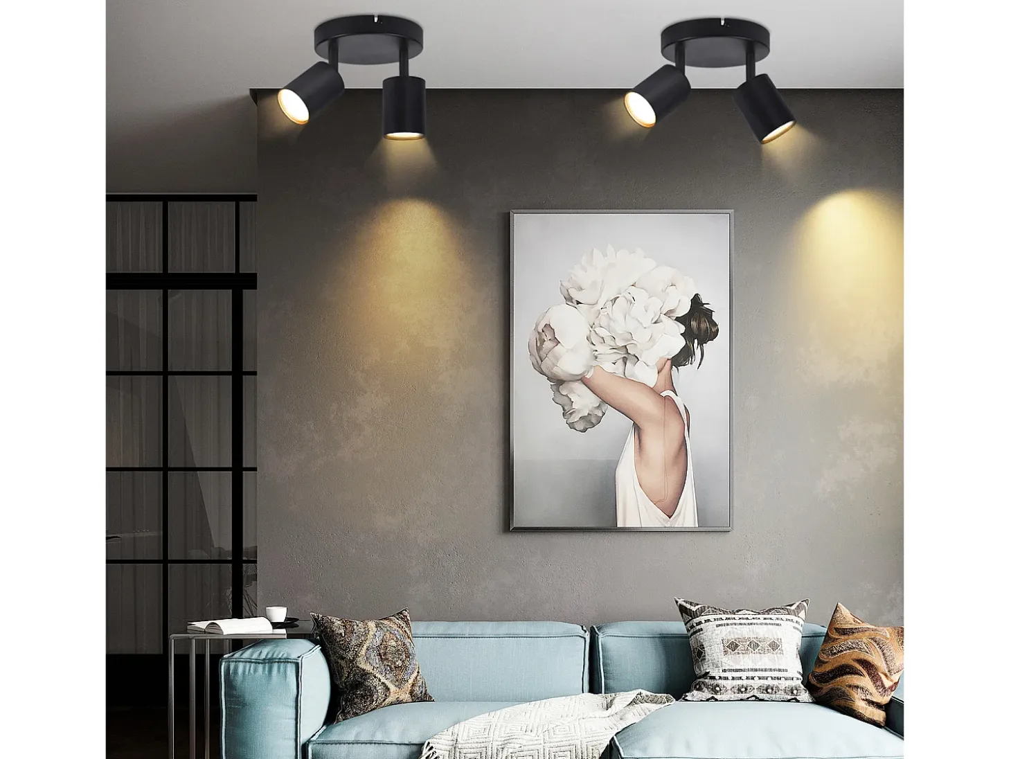 NETTLIFE Foco de techo LED con 2 lámparas, negro, GU10, orientables 330° redondos y modernos.