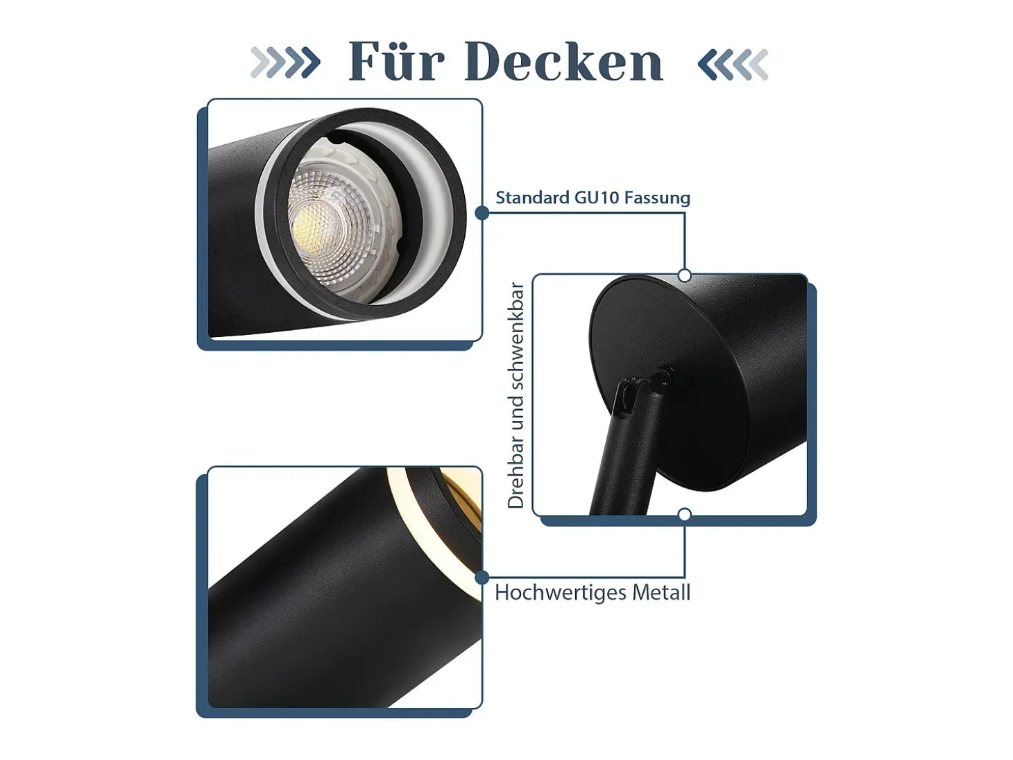 NETTLIFE Foco de techo negro, 4 bombillas, foco moderno GU10, focos orientables para interiores, de metal.