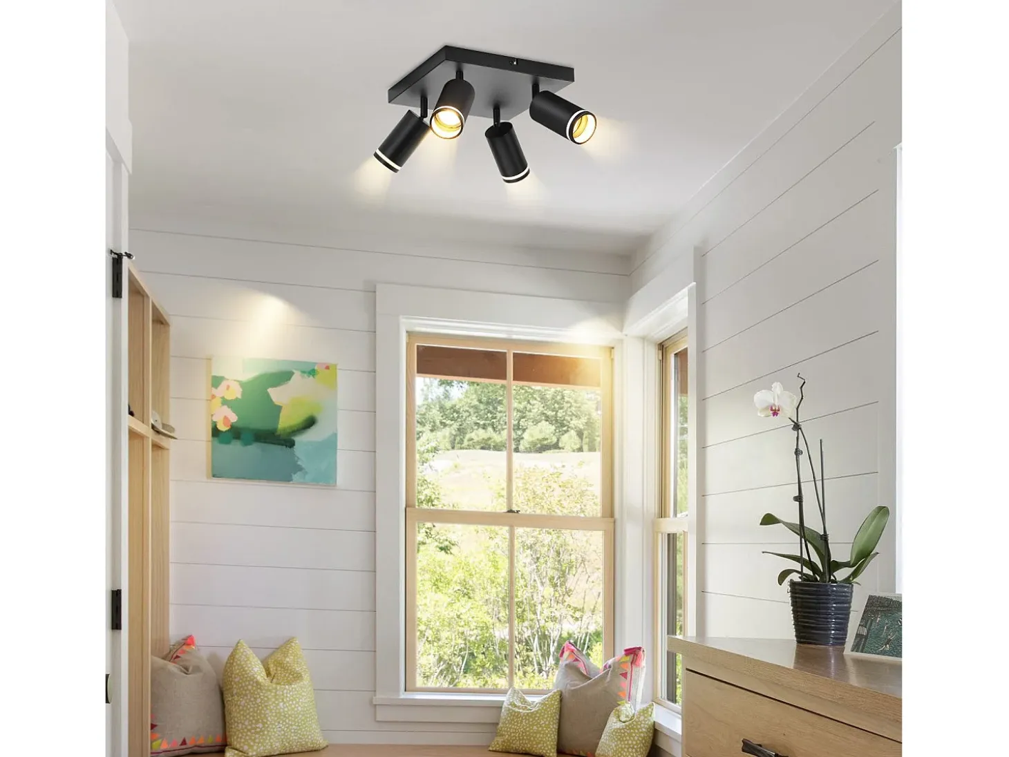 NETTLIFE Foco de techo negro, 4 bombillas, foco moderno GU10, focos orientables para interiores, de metal.