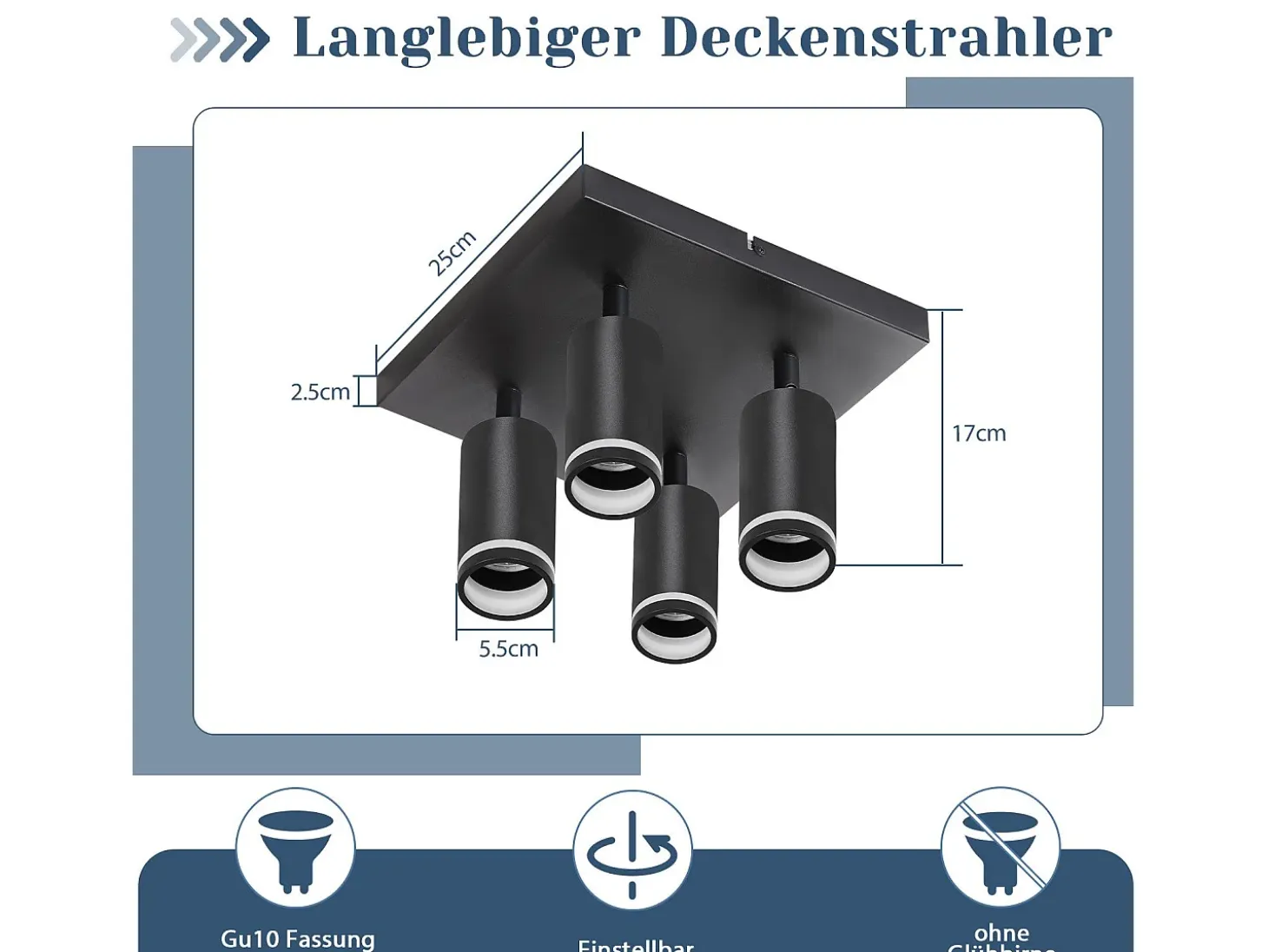 NETTLIFE Foco de techo negro, 4 bombillas, foco moderno GU10, focos orientables para interiores, de metal.