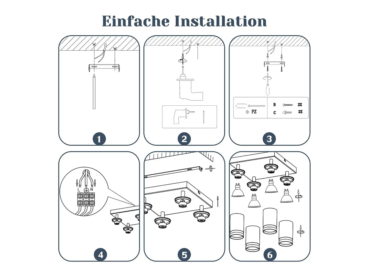 NETTLIFE Foco de techo negro, 4 bombillas, foco moderno GU10, focos orientables para interiores, de metal.