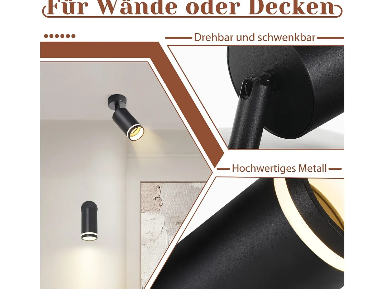 NETTLIFE Foco de techo negro, 1 bombilla de techo moderna foco GU10, focos orientables para interior, de metal.