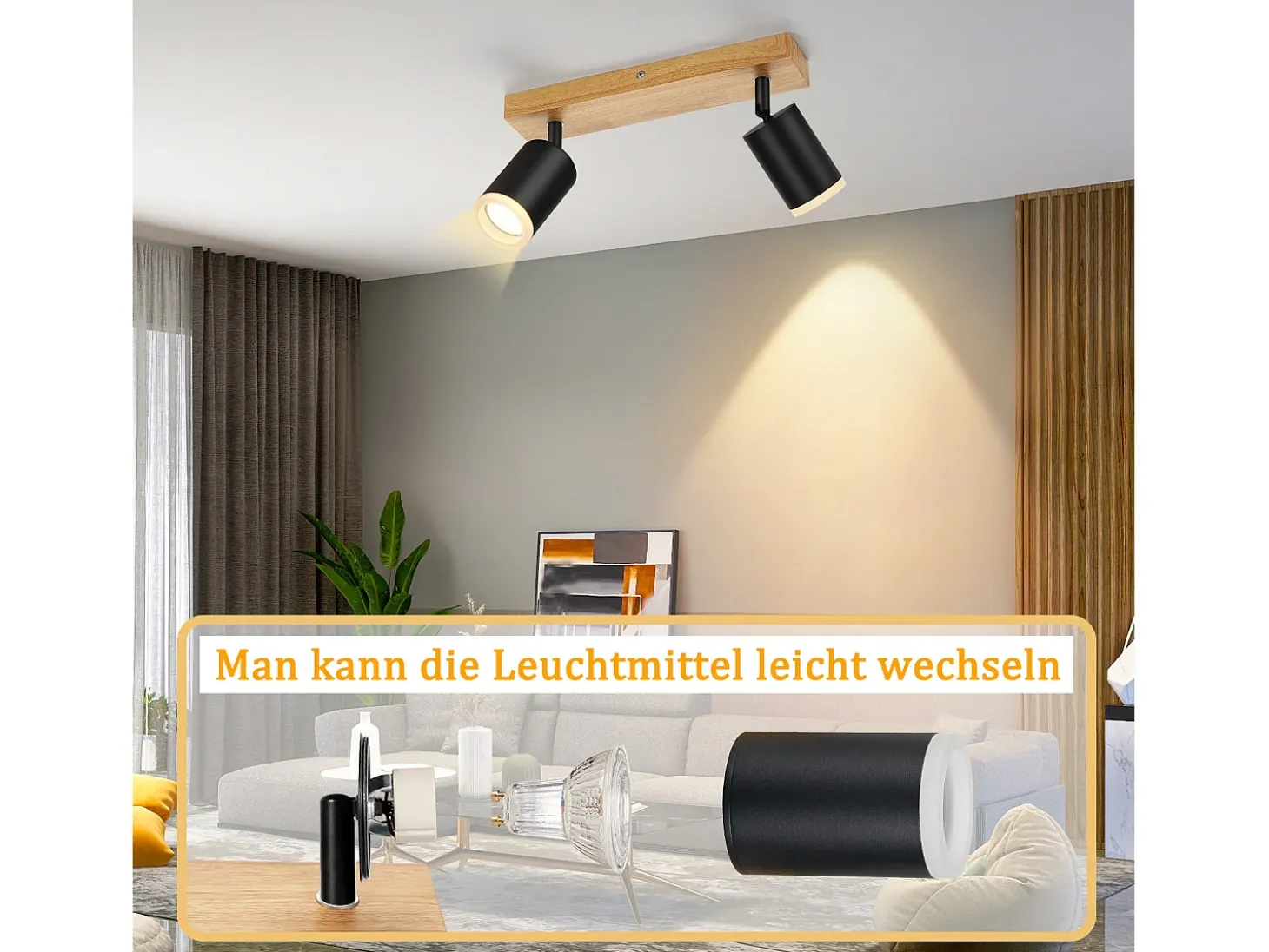 NETTLIFE Foco de techo negro GU10 Foco de pared de madera giratorio sin bombilla 350°