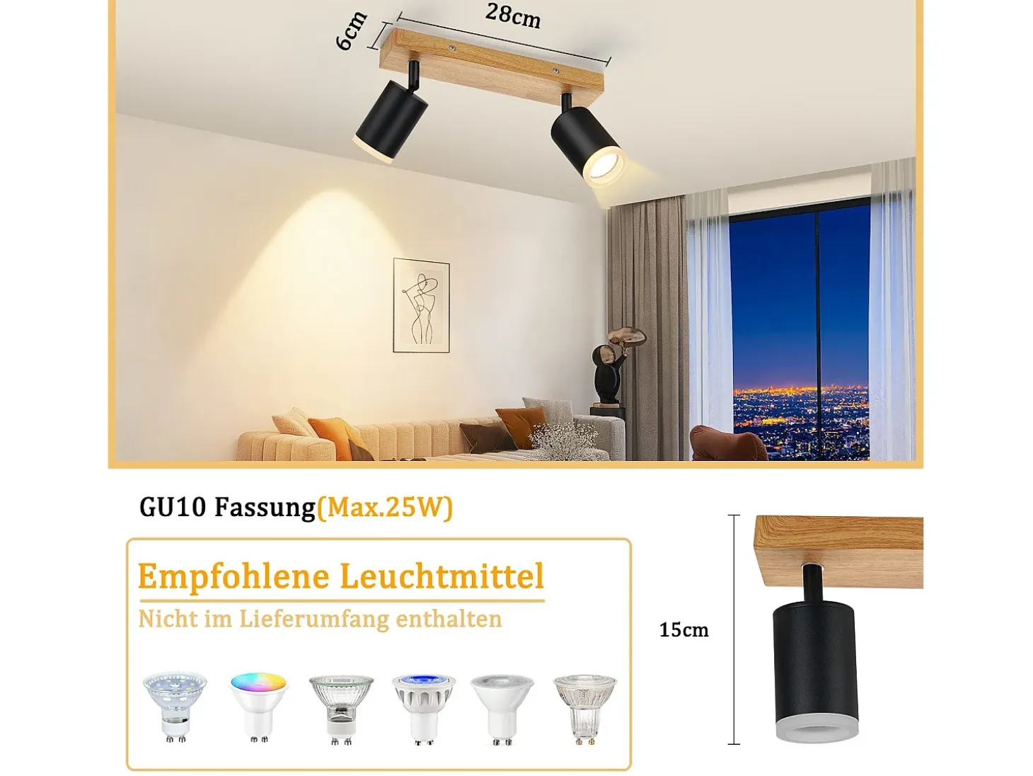 NETTLIFE Foco de techo negro GU10 Foco de pared de madera giratorio sin bombilla 350°