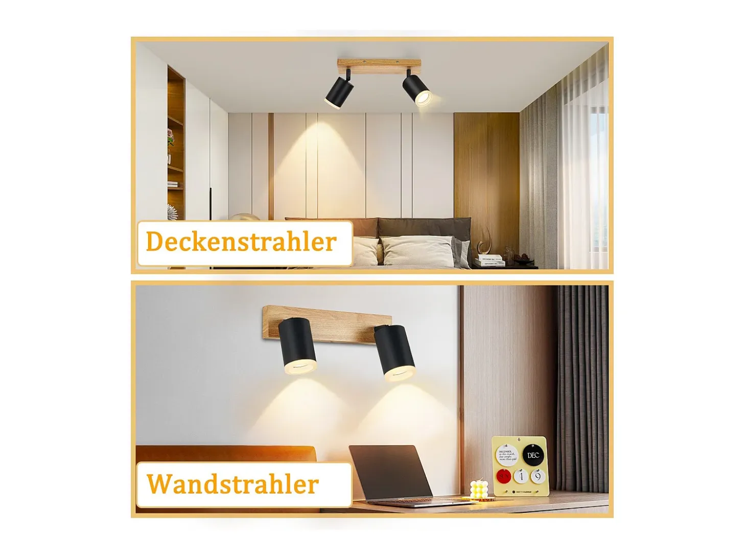 NETTLIFE Foco de techo negro GU10 Foco de pared de madera giratorio sin bombilla 350°