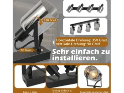 NETTLIFE Foco de techo negro, 4 bombillas. Foco orientable 350° industrial vintage, E14.