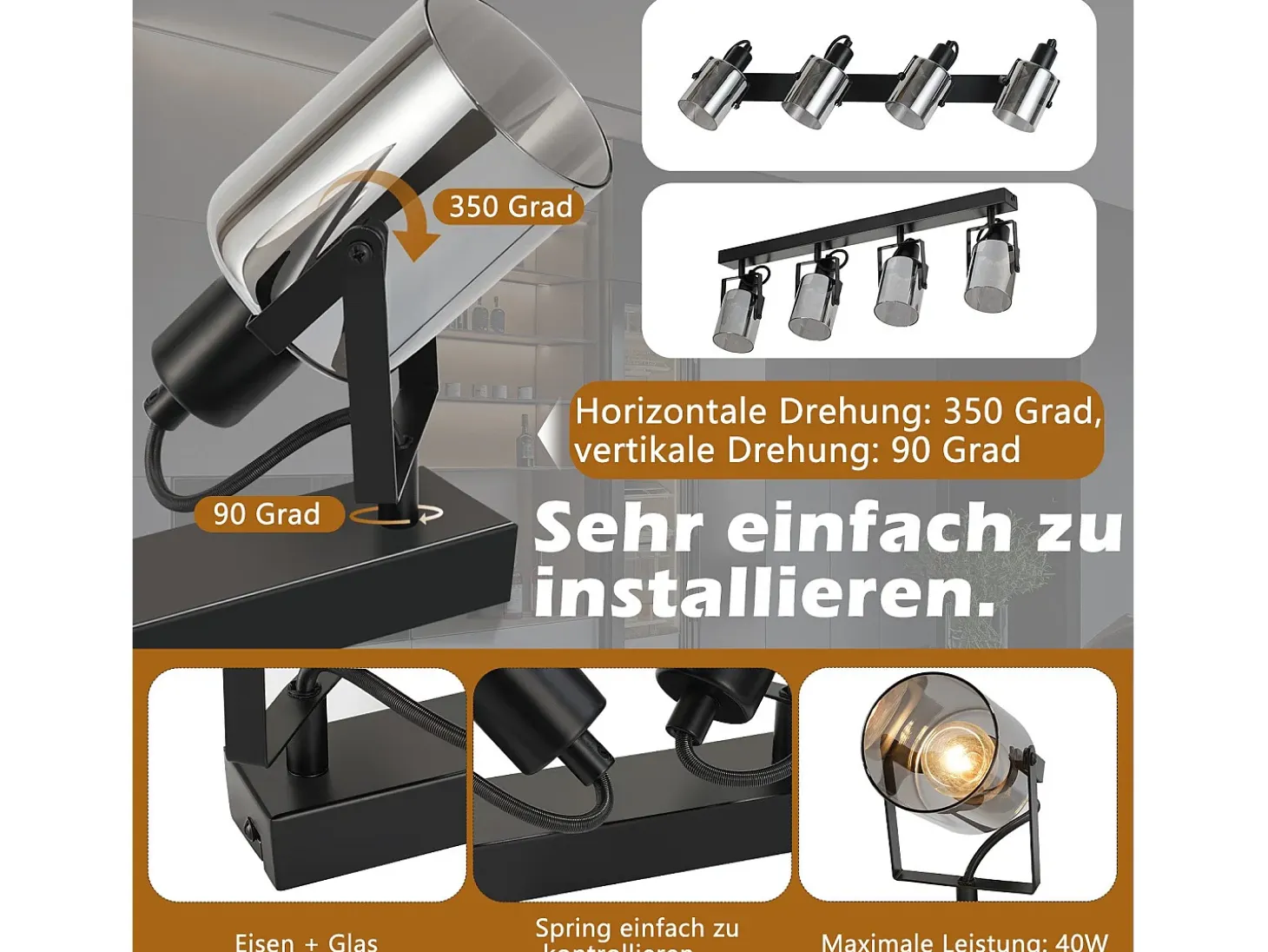NETTLIFE Foco de techo negro, 4 bombillas. Foco orientable 350° industrial vintage, E14.