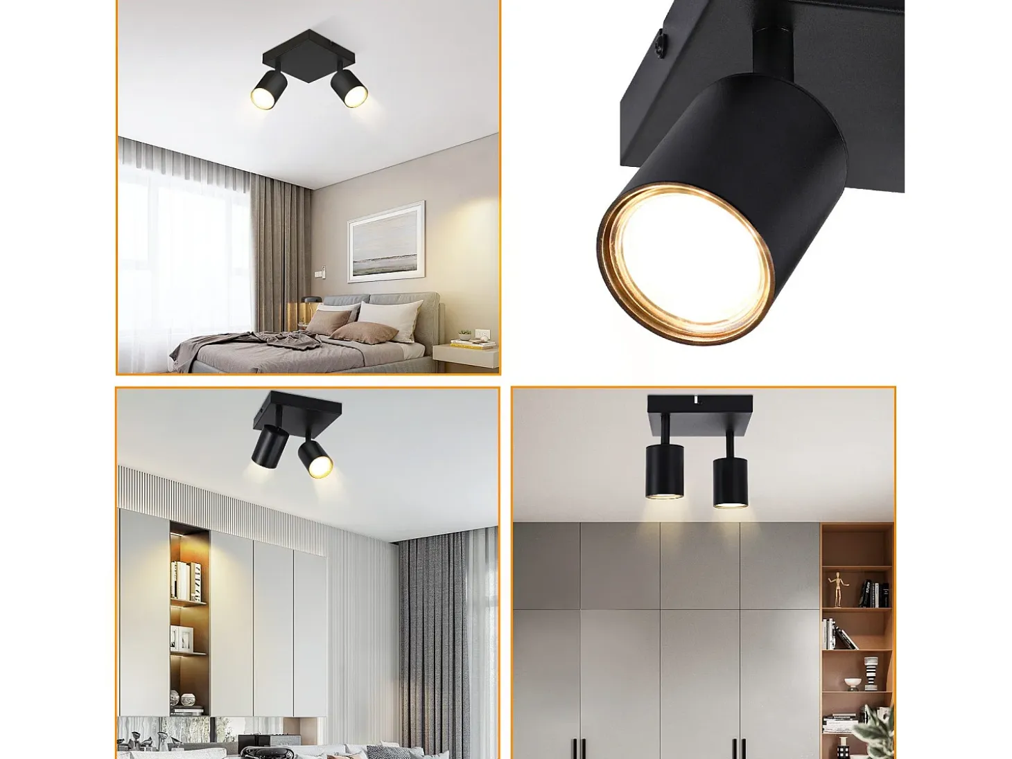 NETTLIFE Foco de techo para sala de estar, 2 bombillas, GU10, color negro, giratorio, moderno, para dormitorio, cocina