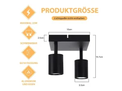NETTLIFE Foco de techo para sala de estar, 2 bombillas, GU10, color negro, giratorio, moderno, para dormitorio, cocina