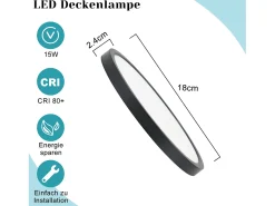 NETTLIFE LED - Iluminación de techo, plana, 18 cm - 15 W, negro, 6000 K - Iluminación moderna para la cocina, el pasillo, el dormitorio.