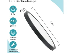 NETTLIFE LED - Luces de techo, planas, 30 cm - 24 W, negro, 6000 K - Iluminación moderna para la cocina, el pasillo y el dormitorio.