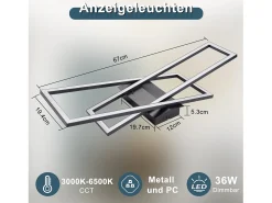 NETTLIFE LED Deckenleuchte Wohnzimmer Schwarz 36W Dimmbar Deckenlampe Büro Kinderzimmer