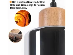 NETTLIFE Lámpara colgante de madera, lámpara colgante E27, lámpara de mesa de comedor vintage, lámpara de comedor hecha de vidrio
