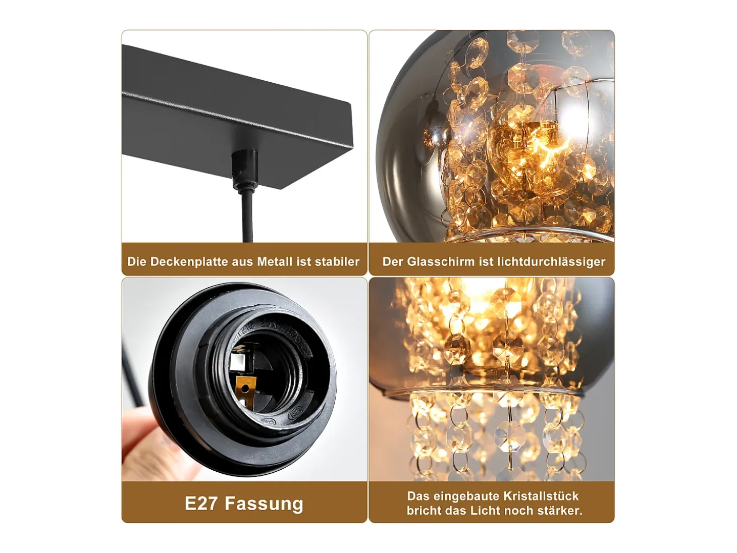 NETTLIFE Lámpara colgante de cristal negro para mesa de comedor, moderna lámpara colgante E27 para sala de estar
