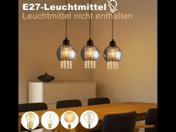 NETTLIFE Lámpara colgante de cristal negro para mesa de comedor, moderna lámpara colgante E27 para sala de estar