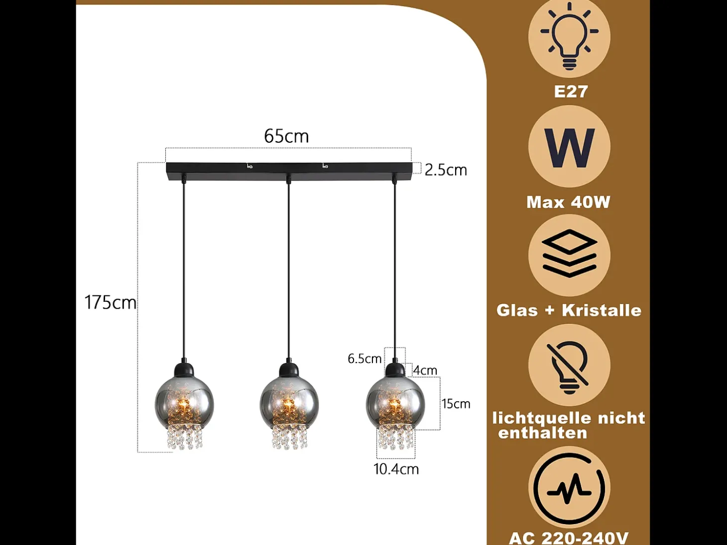 NETTLIFE Lámpara colgante de cristal negro para mesa de comedor, moderna lámpara colgante E27 para sala de estar