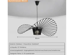 NETTLIFE Lámpara Colgante Moderna E27 Negro Diam.80cm Diseño Sombrero Policarbonato Máx.40W para Salón Comedor Cocina, Sin Bombilla
