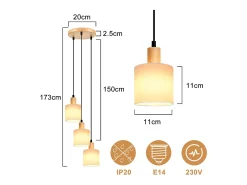 NETTLIFE Lámpara colgante de madera blanca Diam.20 cm E14 vintage 3 bombillas redondas para comedor restaurante cocina dormitorio oficina