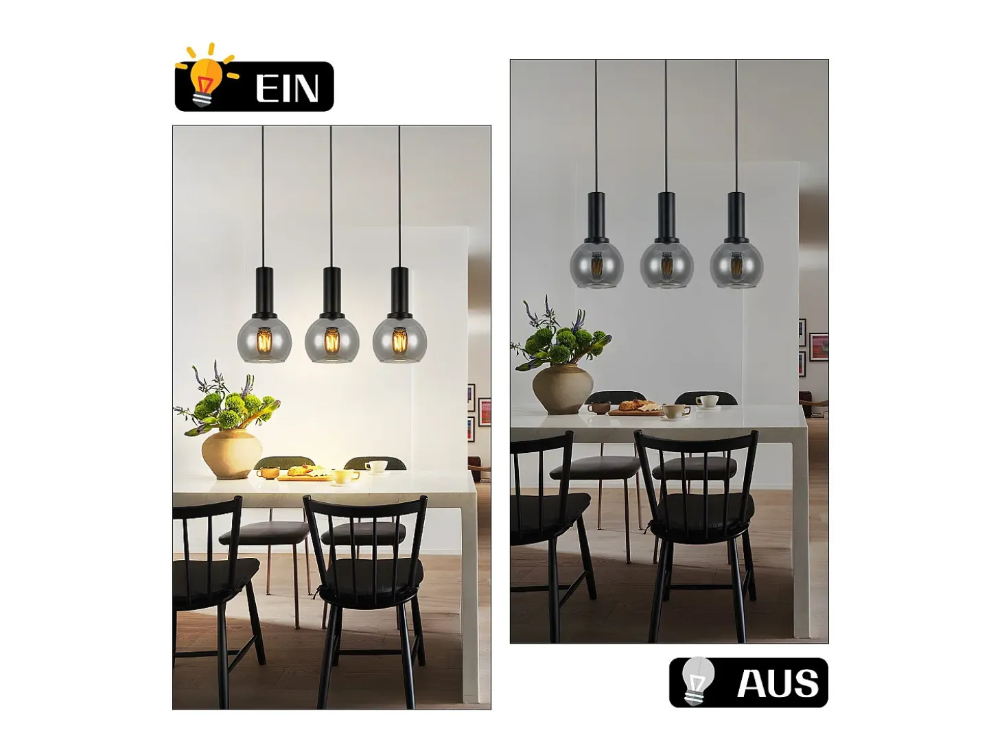 NETTLIFE Lámpara colgante vintage de 3 llamas de cristal E27, lámpara de comedor de altura ajustable industrial