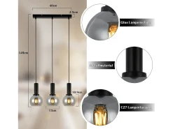 NETTLIFE Lámpara colgante vintage de 3 llamas de cristal E27, lámpara de comedor de altura ajustable industrial
