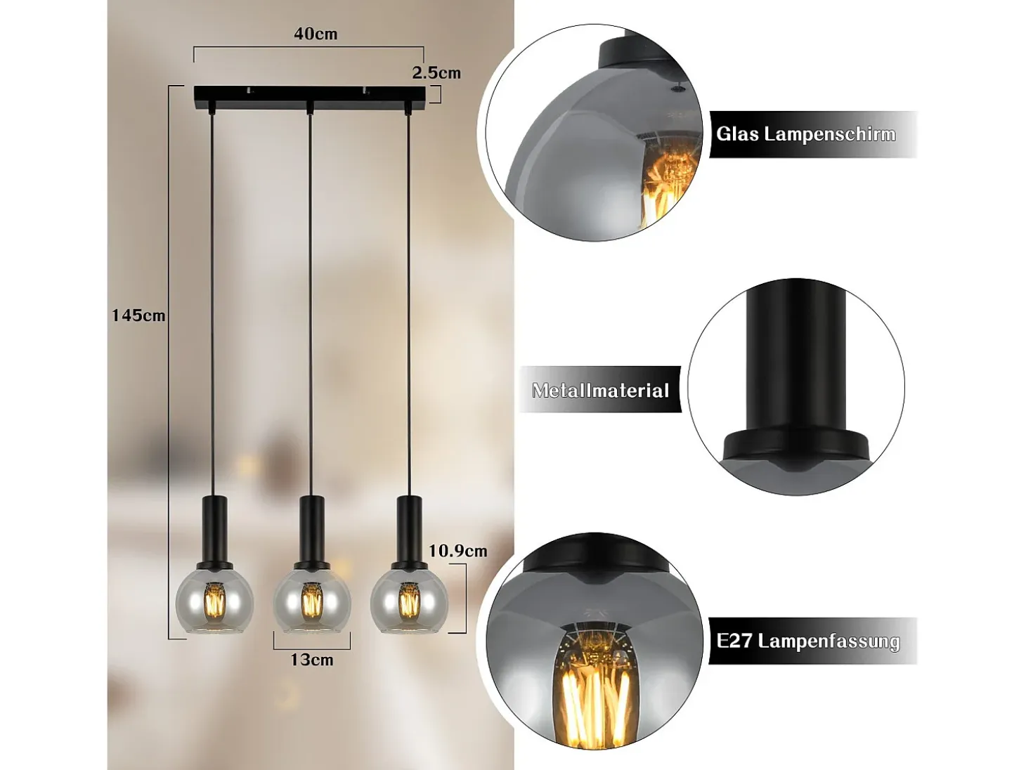 NETTLIFE Lámpara colgante vintage de 3 llamas de cristal E27, lámpara de comedor de altura ajustable industrial