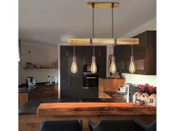 NETTLIFE Lámpara colgante 4 bombillas E27 Diam.80cm retro con viga de madera Vintage para comedor cocina máx.25W