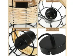 NETTLIFE Lámpara Colgante de Metal Negro Diam.25cm E27 Vintage Rústica Redonda 3 Bombillas Lámpara de de Metal Natural de Ratán Retro para Dormitorio