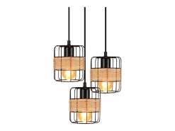 NETTLIFE Lámpara Colgante de Metal Negro Diam.25cm E27 Vintage Rústica Redonda 3 Bombillas Lámpara de de Metal Natural de Ratán Retro para Dormitorio