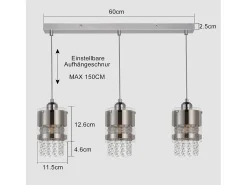NETTLIFE Lámpara colgante moderna de 3 bombillas E27, diámetro de 60 cm, altura ajustable, cristal y cristal, para comedor, máx. 25 W.