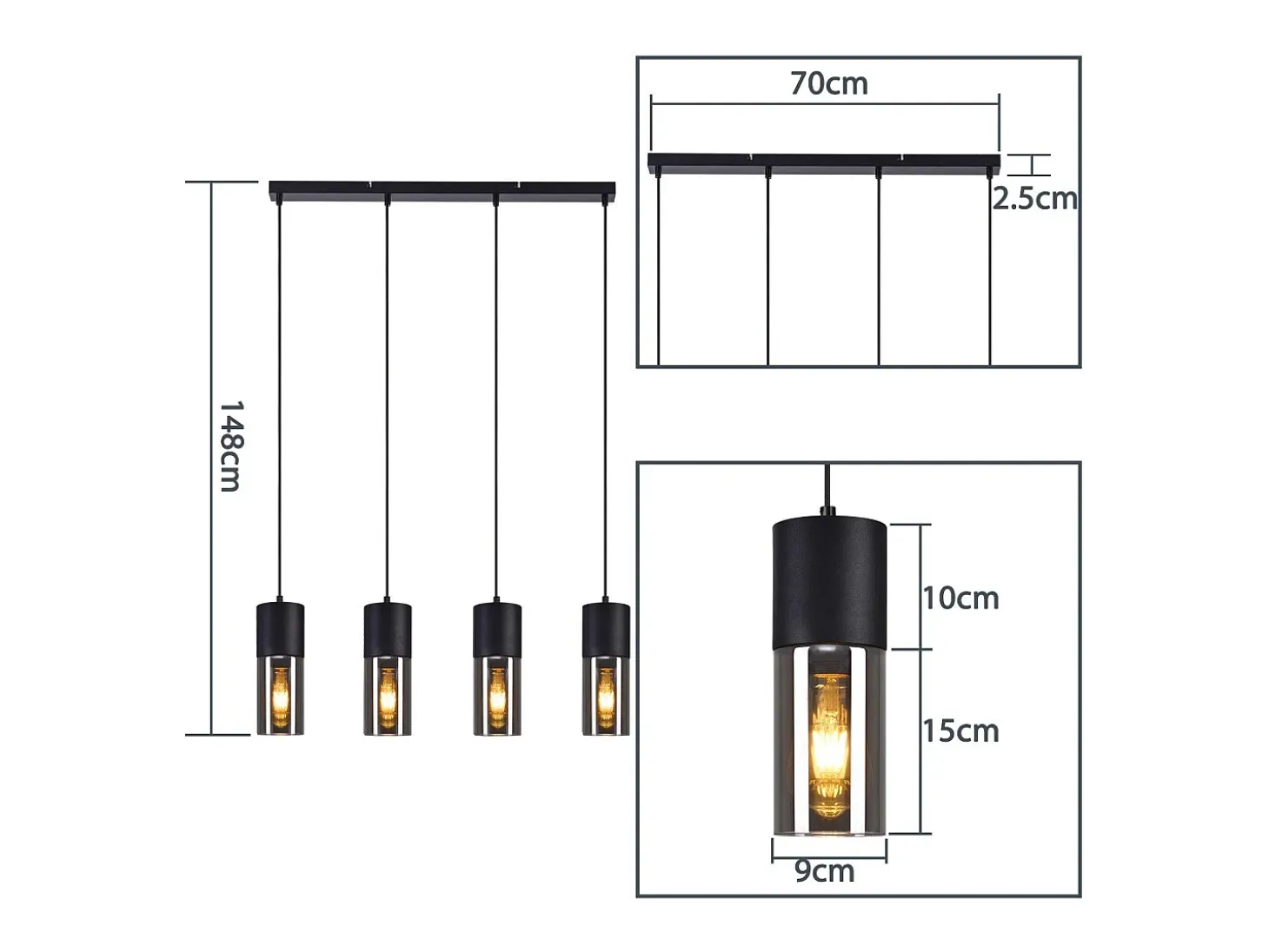 NETTLIFE Lámpara colgante para mesa de comedor, E27, 4 llamas, LED ajustable, pantalla de cristal moderna