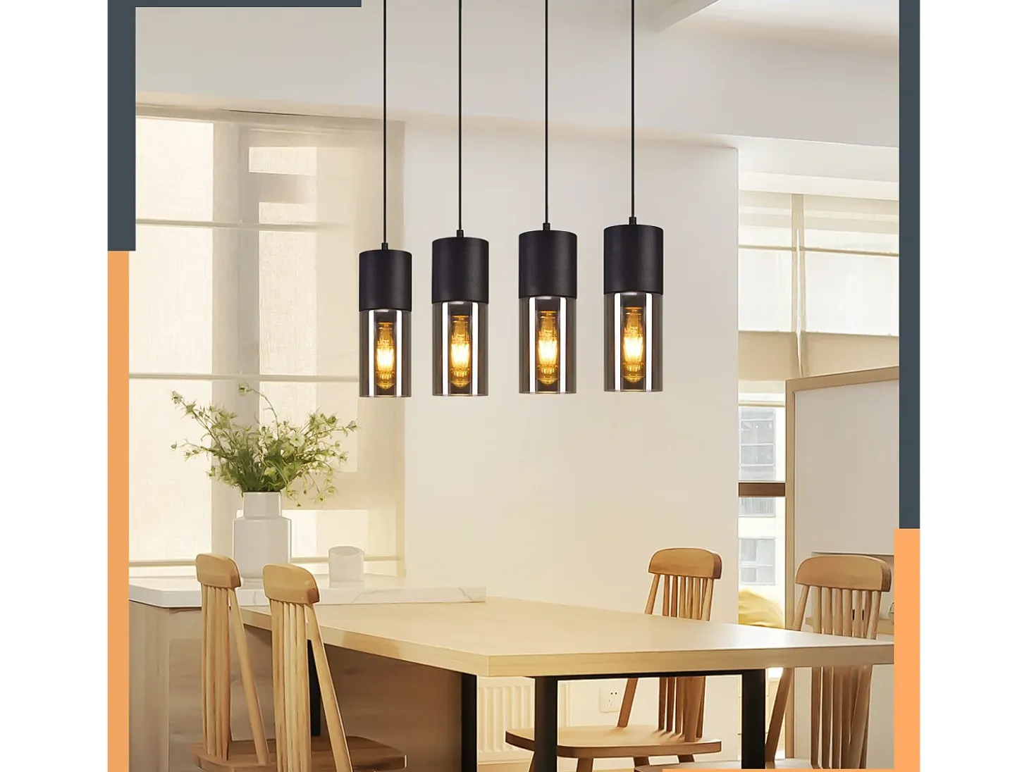 NETTLIFE Lámpara colgante para mesa de comedor, E27, 4 llamas, LED ajustable, pantalla de cristal moderna