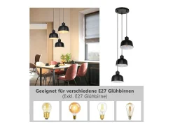 NETTLIFE Lámpara Colgante Metal Diam.17,8 cm E27 Negro Vintage Industrial Retro Lámpara de 3 Bombillas para Dormitorio Salón Hotel
