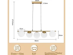 NETTLIFE Lámpara colgante cristal dorado diámetro 90 cm E27 moderna 150 cm altura regulable vintage para salón barra de bar I sin bombilla