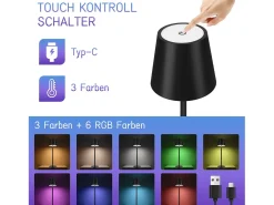 NETTLIFE Lámpara de cabecera con batería inalámbrica,2 piezas - LED RGB 2600 mhA Lámpara de mesa para exteriores Lámpara de batería USB TIPO C negra
