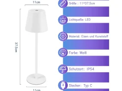 NETTLIFE Lámpara de cabecera con batería inalámbrica - LED RGB 2600 mhA Lámpara de mesa para exteriores Lámpara de batería USB TIPO C Blanca