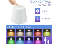 NETTLIFE Lámpara de cabecera con batería inalámbrica - LED RGB 2600 mhA Lámpara de mesa para exteriores Lámpara de batería USB TIPO C Blanca